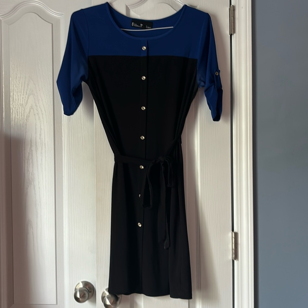 Ellen Parker blue and black dress